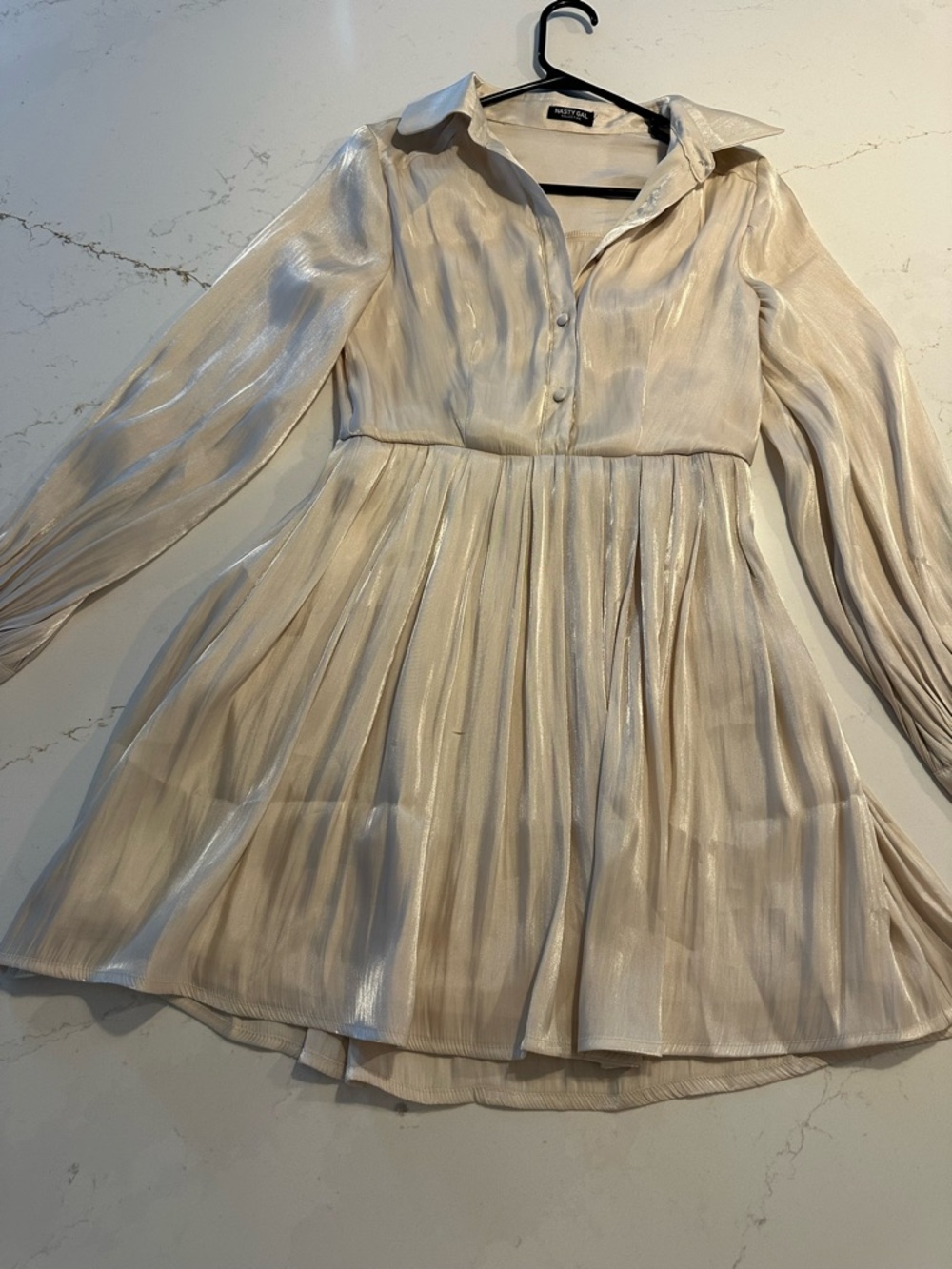 Nasty gal Shimmery Cream Pleated Shirt Dress size 4